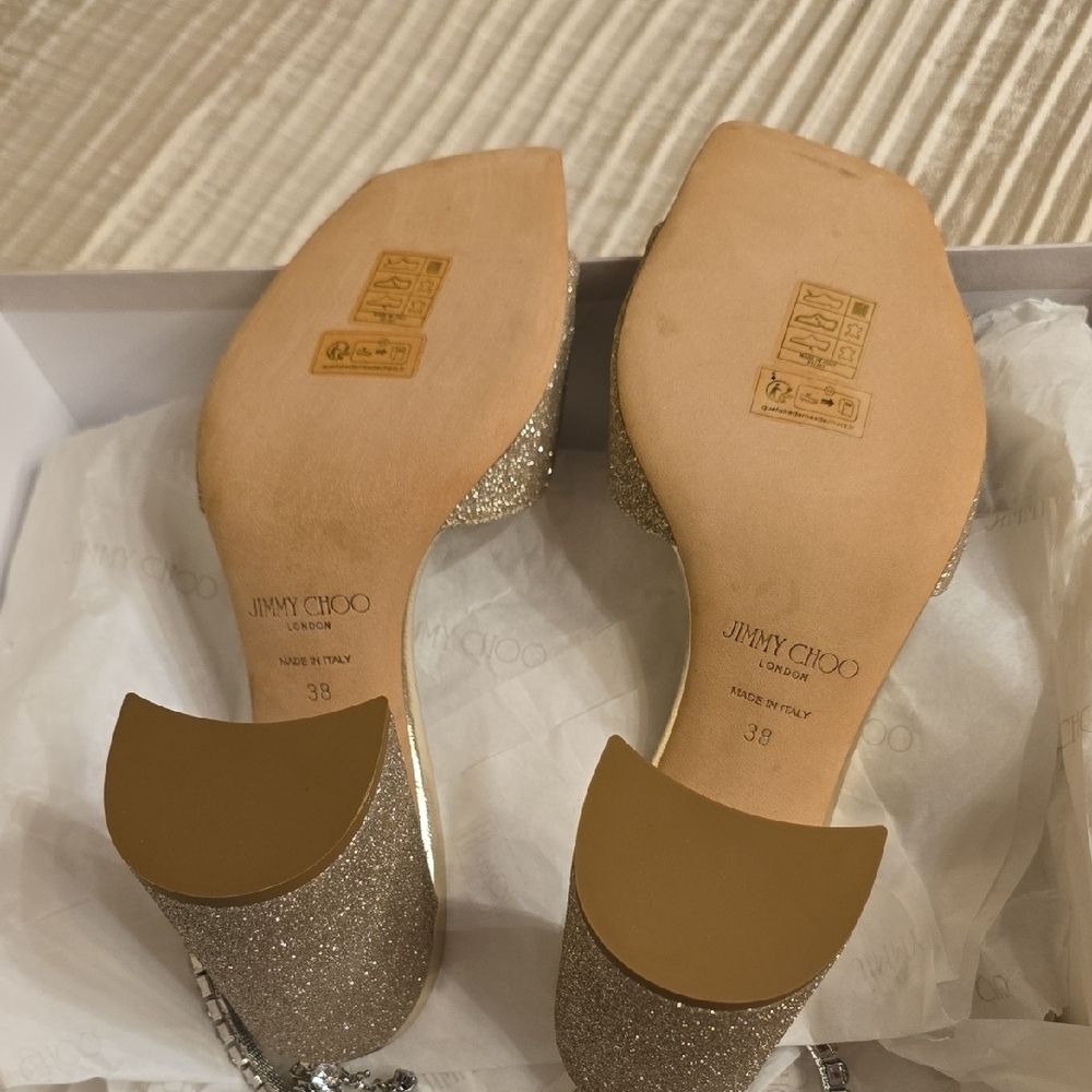 Jimmy Choo Sparkling Gold Heels with Ankle Strap Saeda Sandal Platinum Ice/cryst - Picture 11 of 14